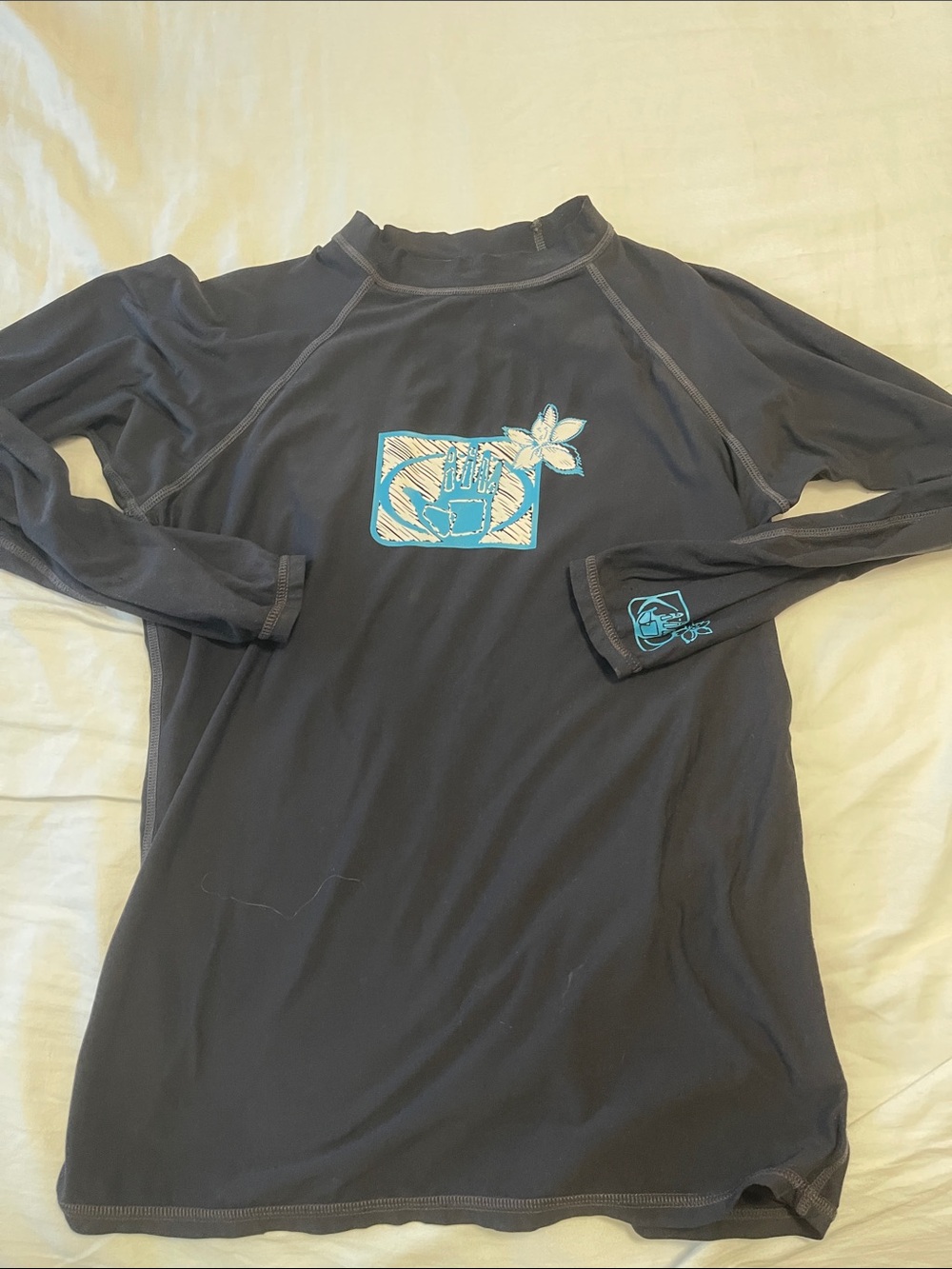Men's Black Long-Sleeve Swim Rash Guard with Teal Graphic